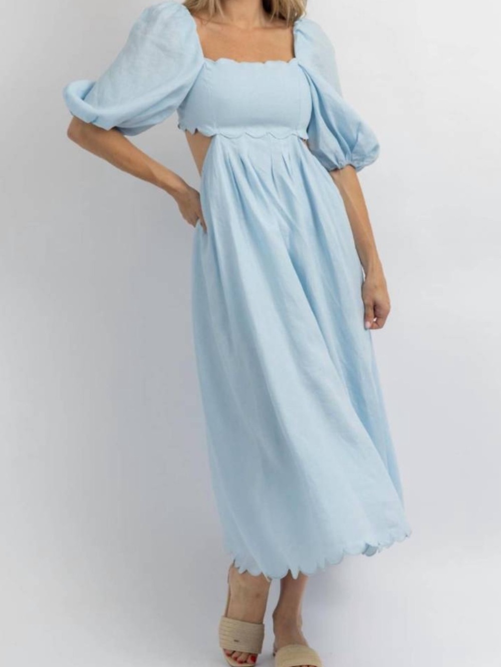 MABLE scalloped midi dress in sea breeze linen size XS